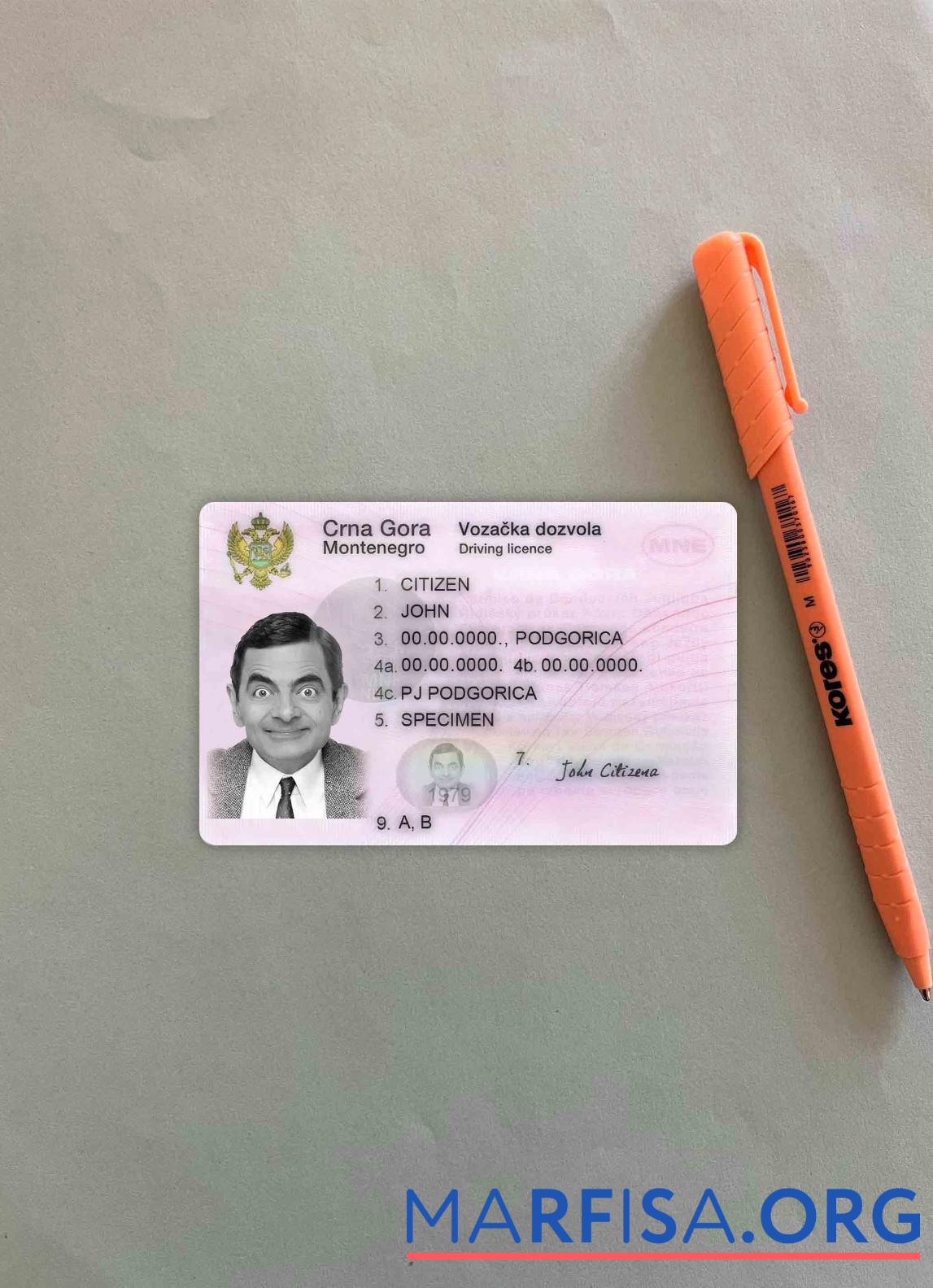 Realistic Montenegro driving license photolook template